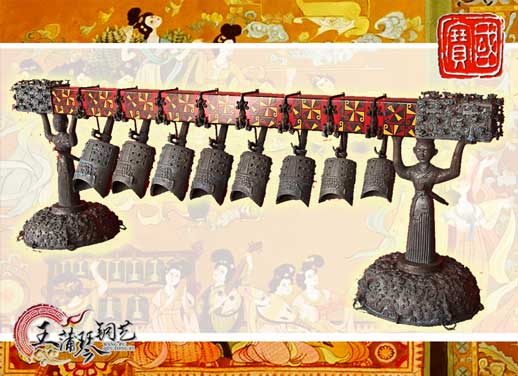 8件古編鐘，銅人銅座裝飾，可發(fā)音